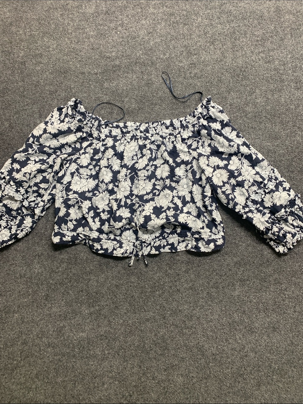 LC Lauren Conrad Navy and White Floral Off-Shoulder Crop Top